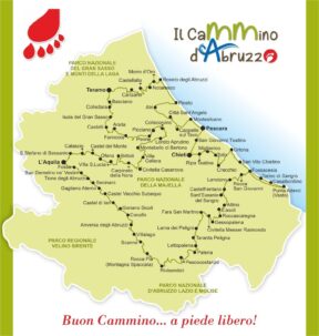 Mappa del Cammino di San Tommaso con l'itinerario a tappe da Roma fino alla Basilica di Ortona in Abruzzo.