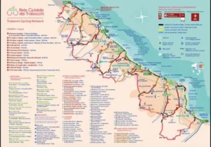 Mappa dettagliata della Rete Ciclabile dei Trabocchi in Abruzzo con i tracciati costieri e collinari, gli info point, le fontane e le stazioni di ricarica per e-bike