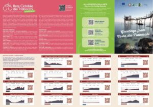 Brochure della Rete Ciclabile dei Trabocchi con schede descrittive delle varie aree, profili altimetrici dei percorsi e codici QR per scaricare le tracce GPS