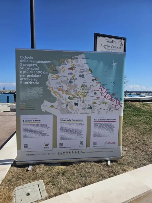 Pannello informativo con la mappa dei tre progetti cicloturistici dell'Abruzzo: Ciclovie della Transumanza, I Percorsi di Ermes e Rete Ciclabile dei Trabocchi